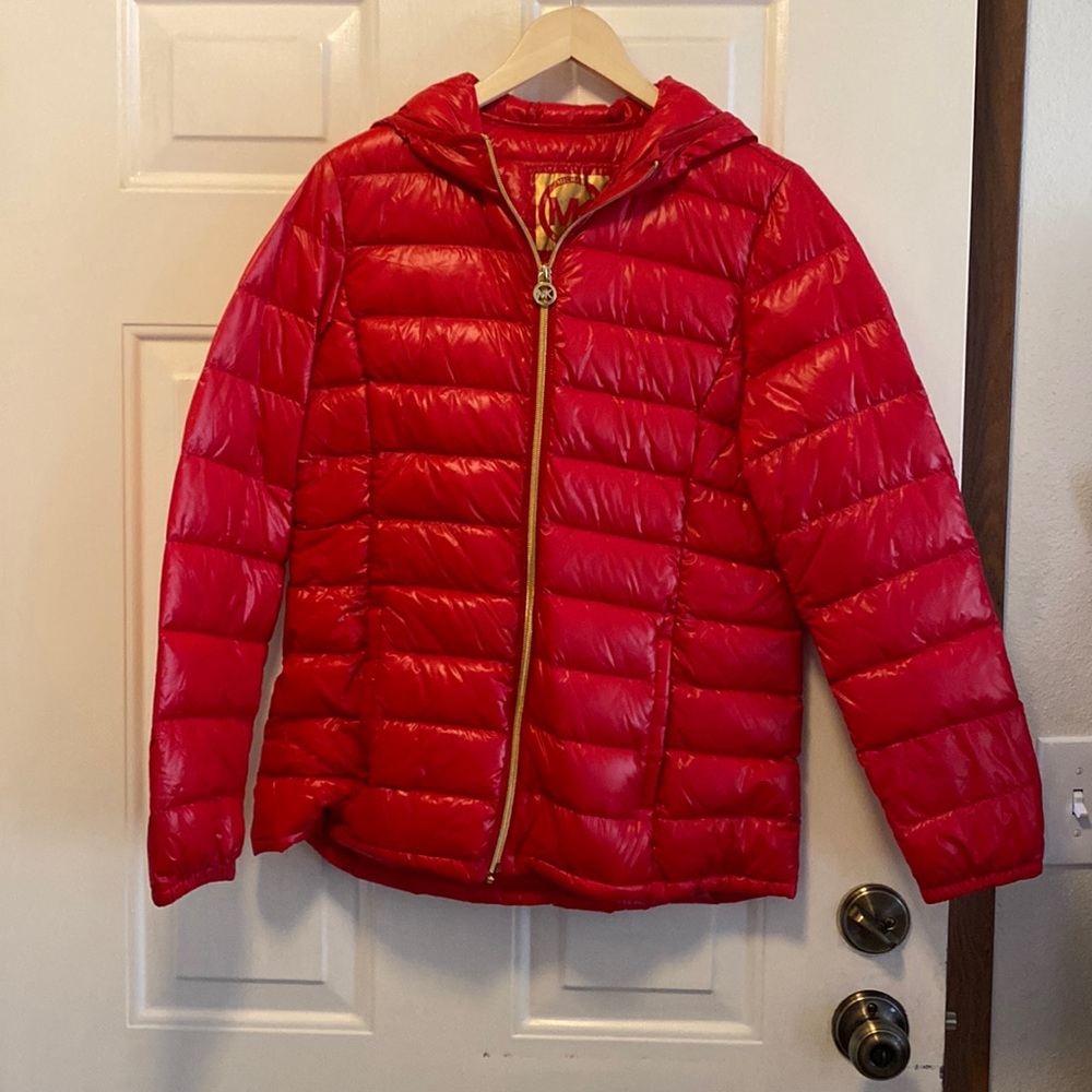Brand new, with tags, Michael Kors red, beltless puffer jacket.
